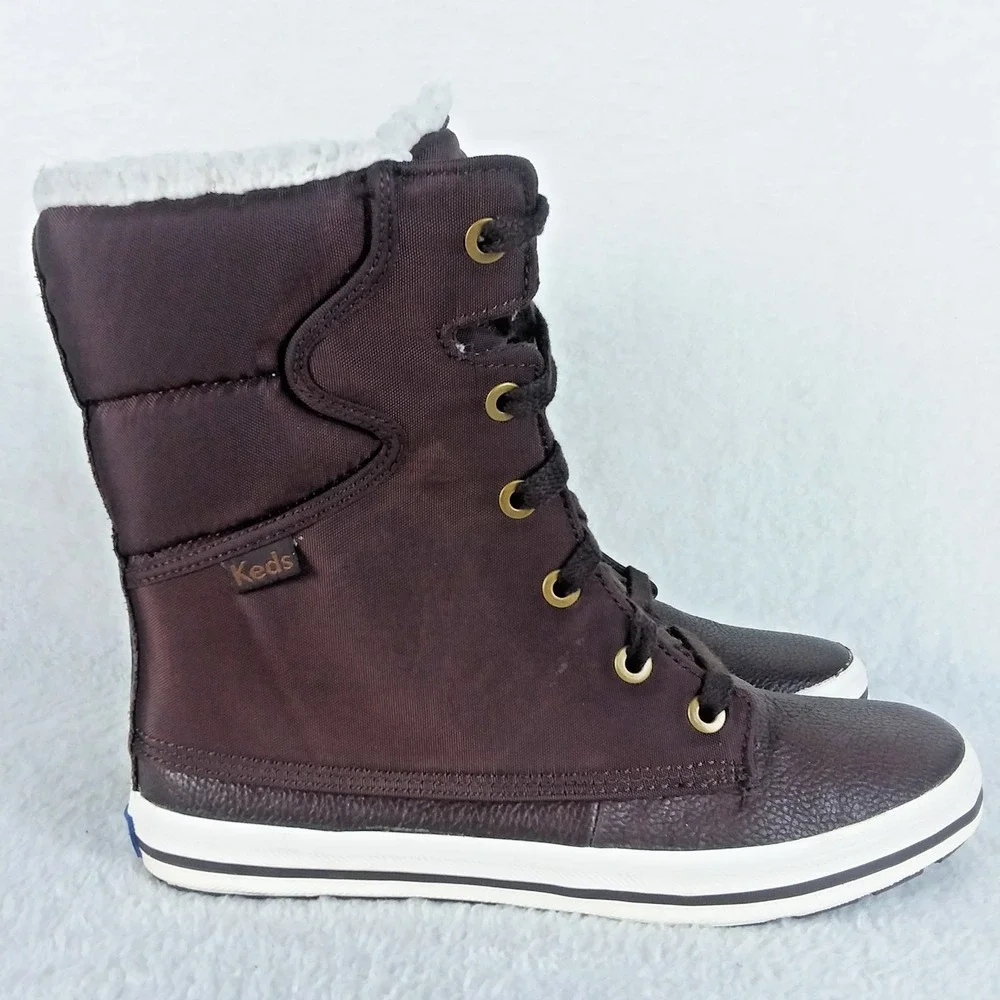 Keds Droplet Leather Canvas Dark Brown Winter Boots Fleece Lined‎ Women's 8.5